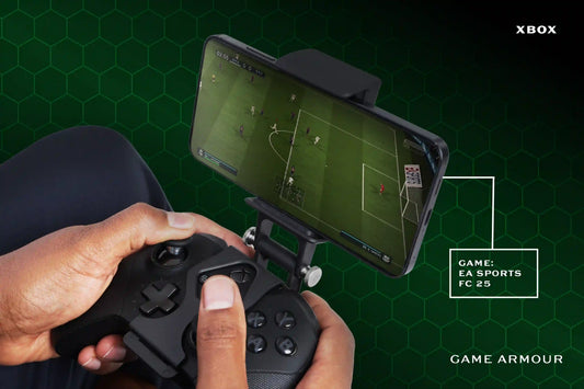Xbox Series X Controller playing FC 26 connected with The Best Mobile Gaming Mount on the market