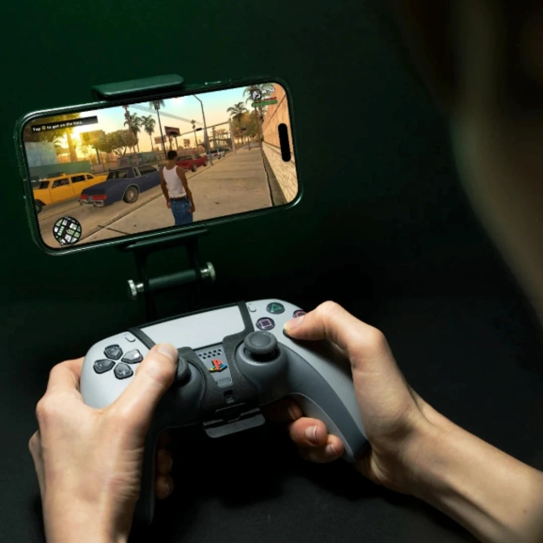 Playing a game on an iPhone mounted to a PS5 DualSense controller with the Mobile Mount